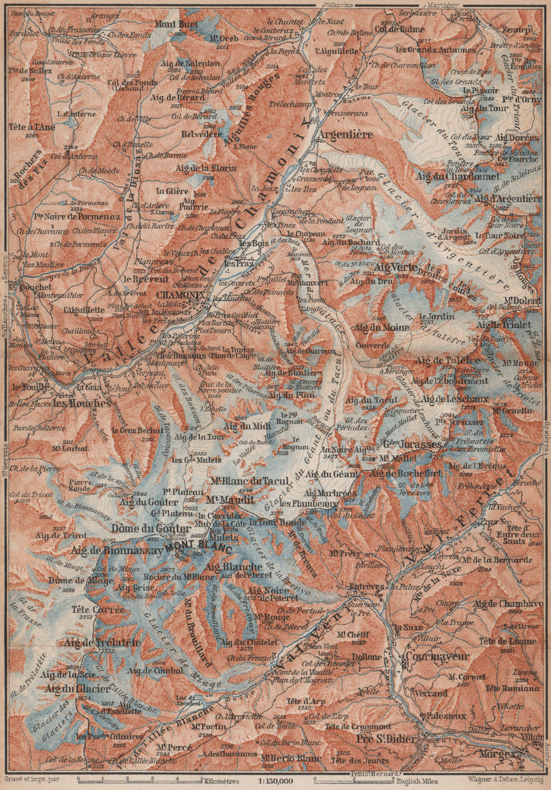 CHAMONIX & MONT BLANC MASSIF. Argentière Les Houches Courmayeur carte 1893 map
